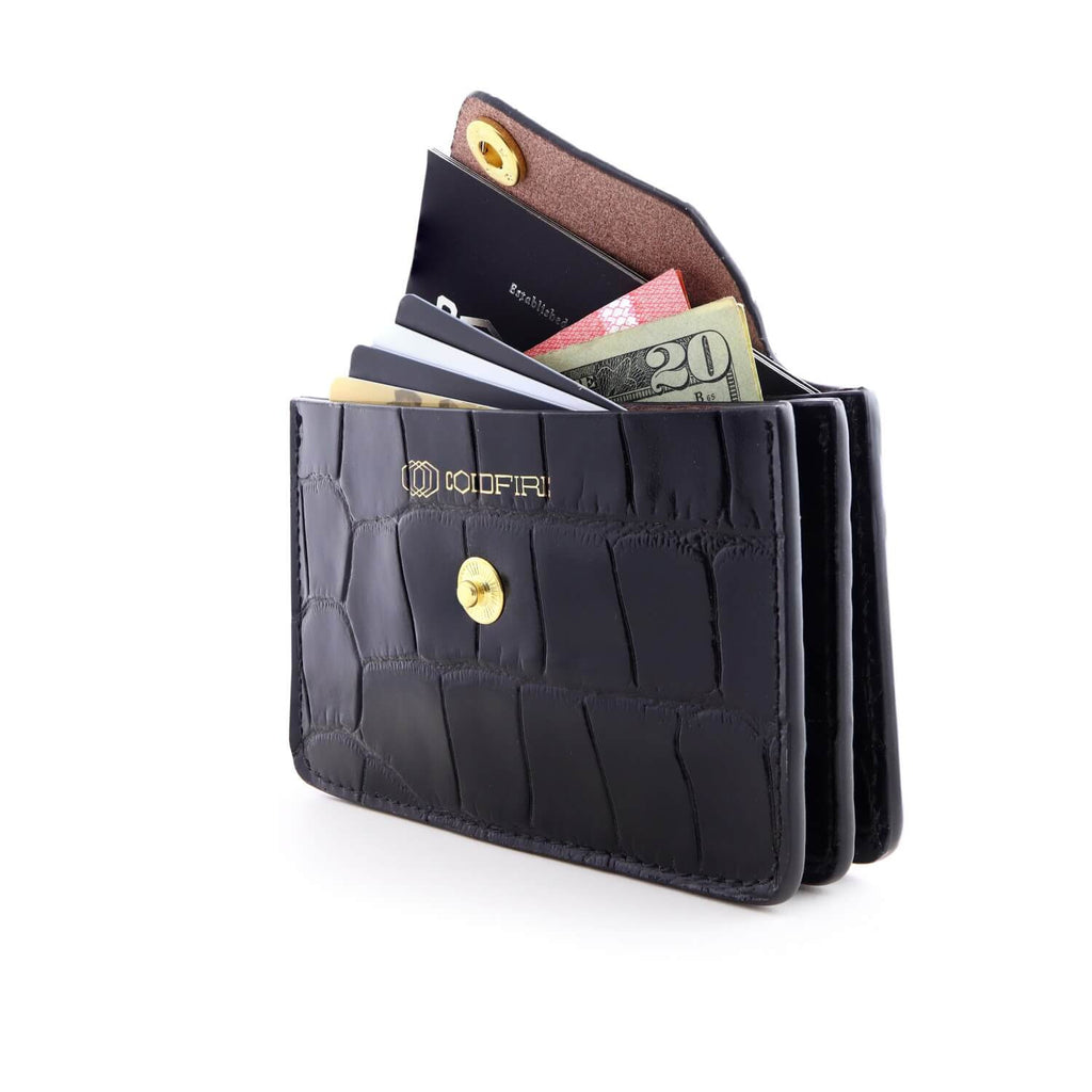 Women's Small Card Case Wallet with Flap - Croco Embossed Black – COLDFIRE