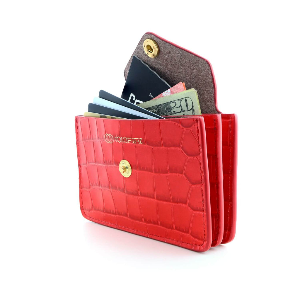 Women's Small Leather Card Case Wallet with Flap - Croco