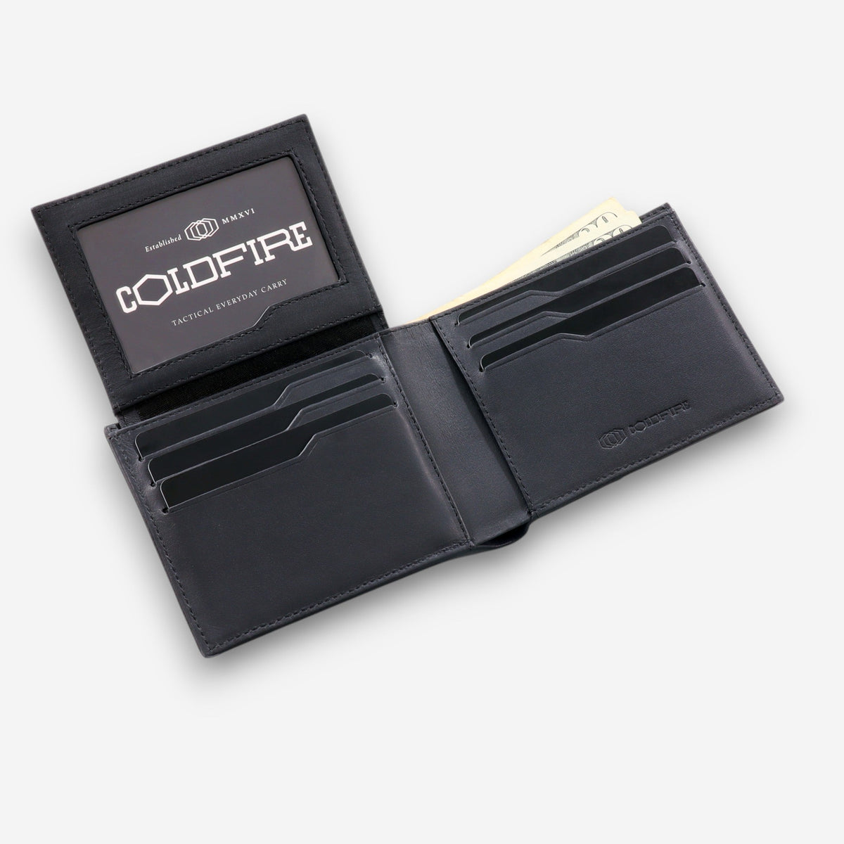COLDFIRE Strike Pro carbon fiber RFID bifold wallet open with ID window, cards and bills - best RFID-blocking bifold wallets for business travel 2026