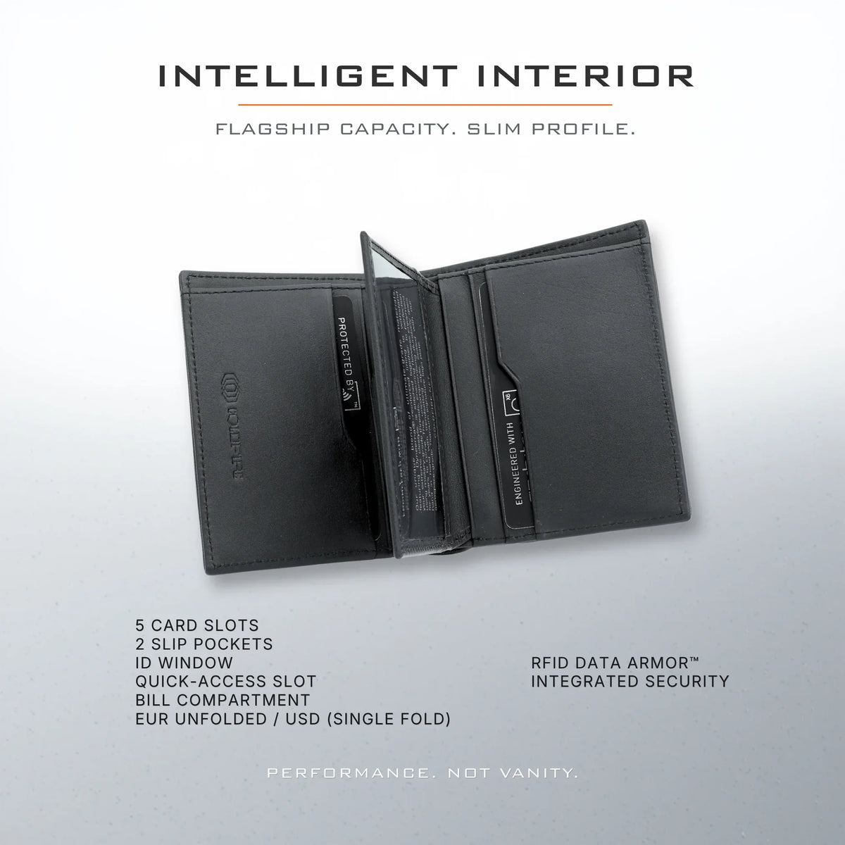 COLDFIRE Flex Ultra intelligent interior — 5 card slots, ID window, quick-access outside pocket, bill compartment, RFID Data Armor