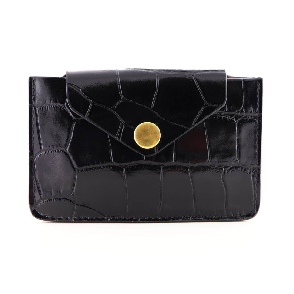 Women's Small Card Case Wallet with Flap - Croco Embossed Black