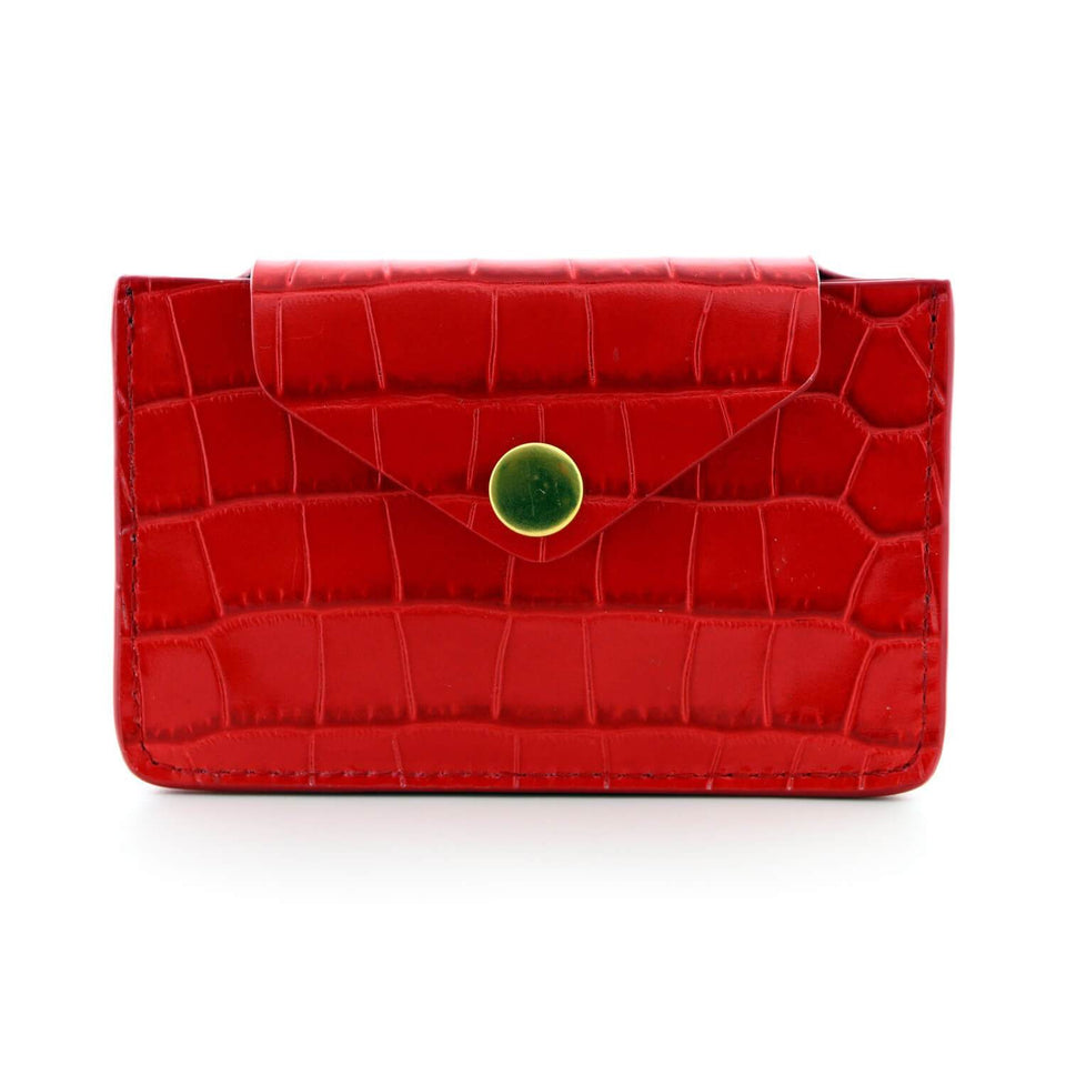 Women's Small Leather Card Case Wallet with Flap - Croco Embossed