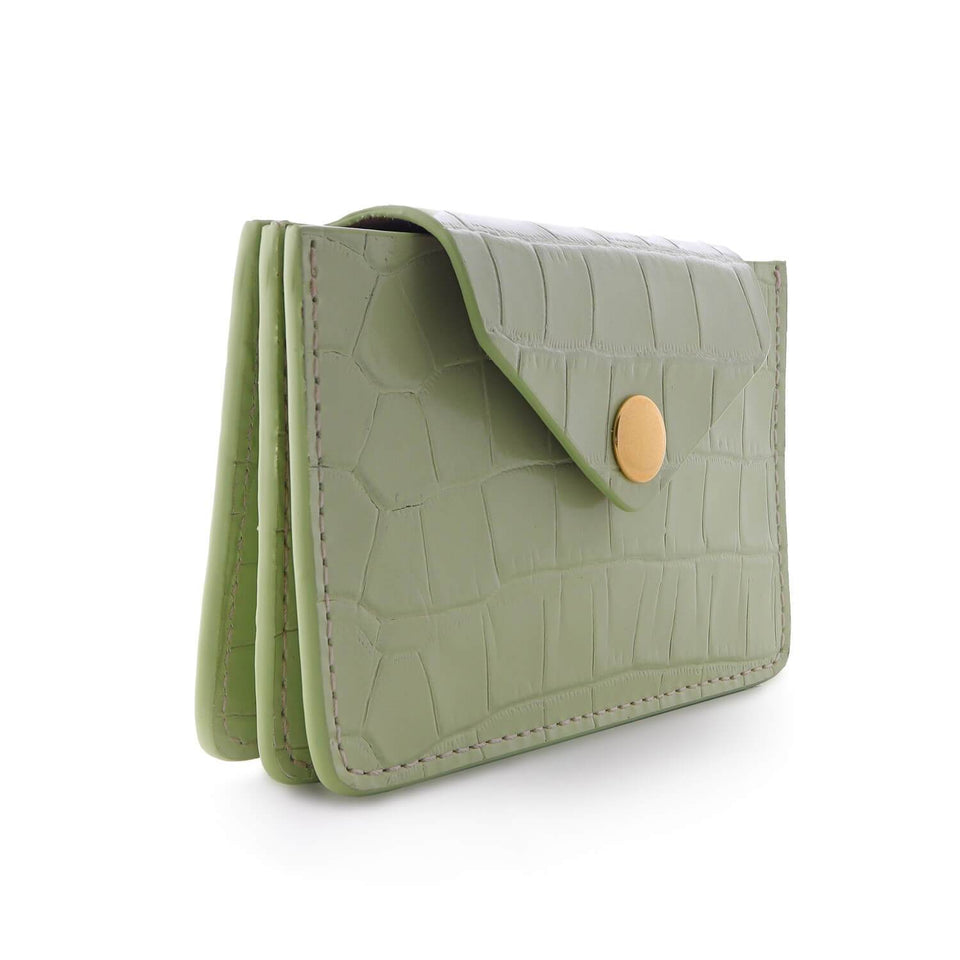 Women's Small Card Case Wallet with Flap. Mini Credit Card Holder. Croco Embossed Sage Green - COLDFIRE