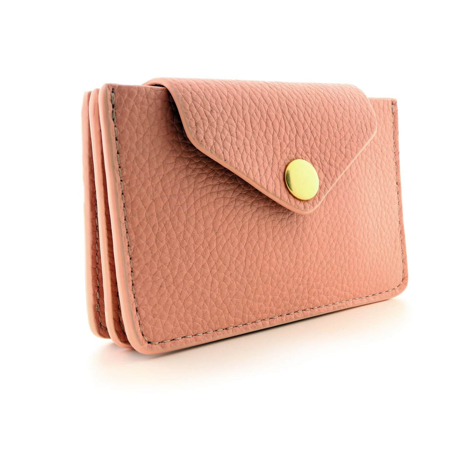 Women's Small Card Case Wallet with Flap. Mini Credit Card Holder. Soft Candy Pink Leather